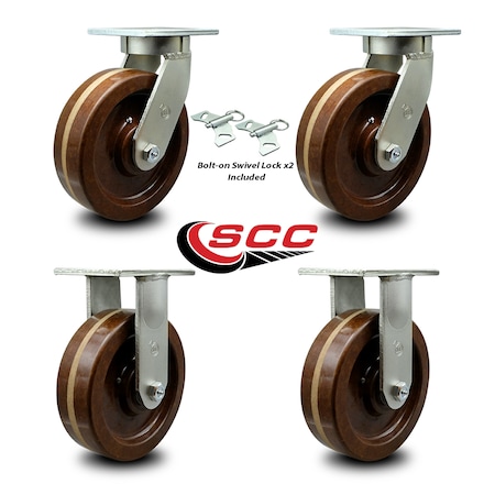 Service Caster 12 Inch Heavy Duty High Temp Phenolic Swivel Caster Swivel Locks 2 Rigid, 2PK SCC-KP92S1230-PHRHT-BSL-2-R-2